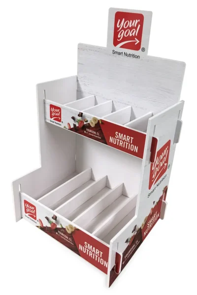 Exhibidor de productos, fabricado en plástico para uso sobre mesón, armable.