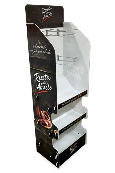 Mueble exhibidor de productos fabricado en plástico, armable.