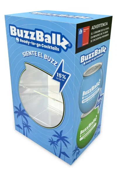 Exhibidor acrílico de cócteles buzzballz.