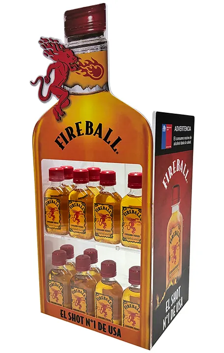 Vitrina en acrílico clear 4mm con gráfica de marca para exhibición de botellas de licor Fireball.