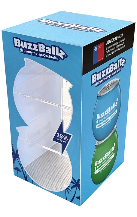 Exhibidor vitrina sobremesón en acrílico 4mm con encajes CNC y gráfica adhesiva para productos BuzzBallz.