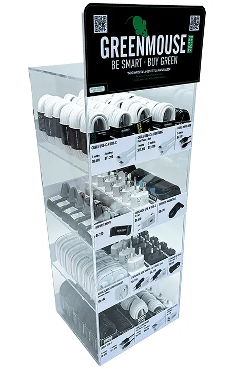 Exhibidor de acrílico transparente 4mm para cables y accesorios de celular.