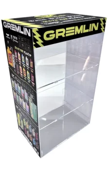 Exhibidor de acrílico transparente tipo vitrina de tres niveles para vaporizadores en mesón de tienda