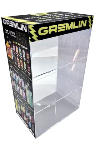 Exhibidor vitrina en acrílico transparente 4mm con encajes CNC y gráfica adhesiva para vaporizadores.
