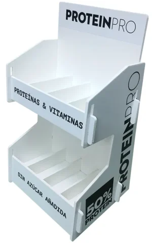 Exhibidor armable de PVC rígido para barras proteicas en mesón de pago