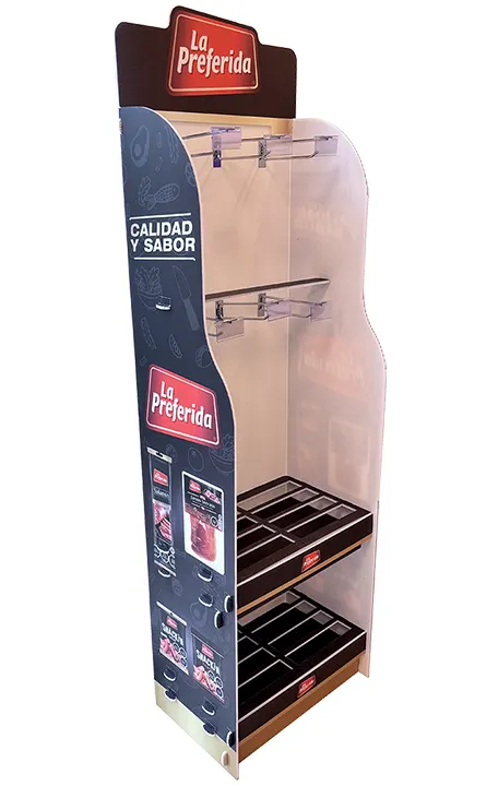 Exhibidor de pie armable en cartonplas con gancheros para exhibición de productos La Preferida.